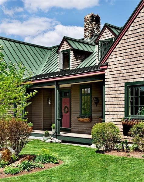 exterior paint colors for house with green metal roof|exterior colors with green roof.